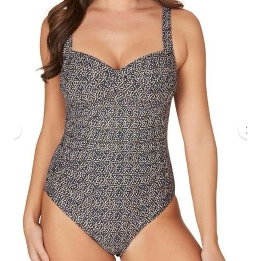 Bond-Eye Australia One Piece Swimsuit Size 6 Navy Blue Cream Pattern Monokini